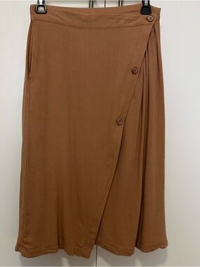 Linen Blend Button-Front Wrap Midi Skirt in Camel